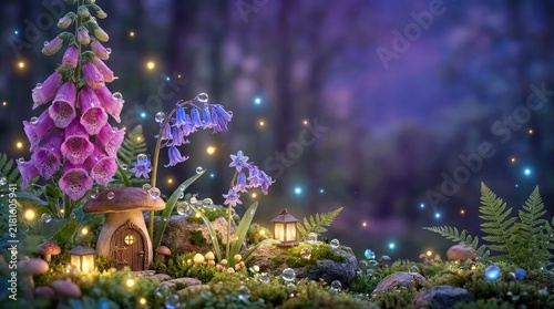 A magical fairy garden glows with an ethereal purple hue. A vibrant pink foxglove flower stands tall, surrounded by delicate bluebells and miniature mushrooms.