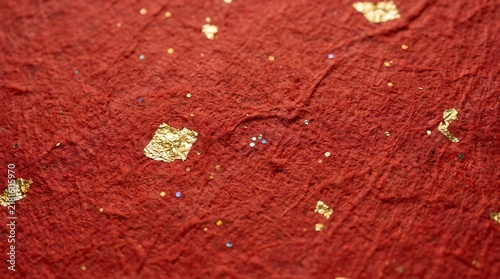 Textured red paper background features delicate gold leaf flakes and tiny sparkling glitter bits scattered across the soft fibrous surface