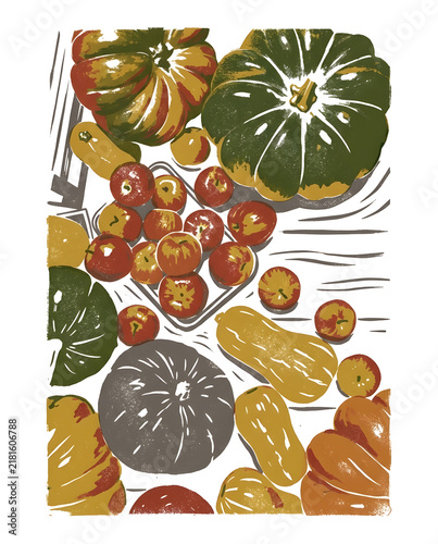 Autumn pumpkins and apples harvest assortment illustration. High resolution illustration with natural colors.
