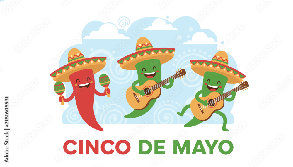 Fototapeta premium Cinco de mayo celebration banner featuring three cute chili pepper characters in sombreros playing music on blue.