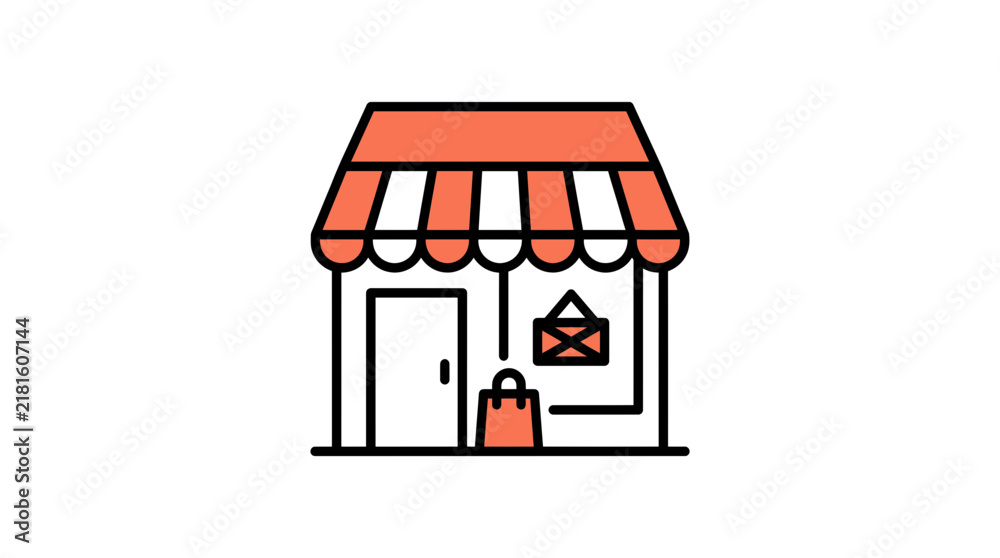 Fototapeta premium Retail store icon with red awning and shopping bag.