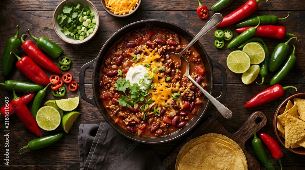 © ashan - Homemade chili con carne in a cast iron skillet with fresh peppers and tortilla chips perfect for national chili month © ashan - Homemade chili con carne in a cast iron skillet with fresh peppers and tortilla chips perfect for national chili month
