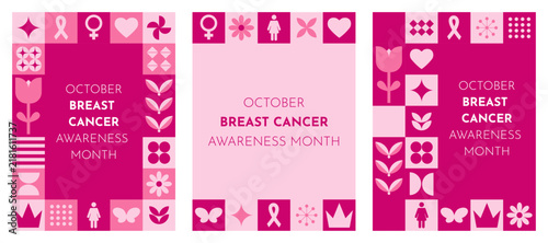 Fotografie Pink Breast Cancer Awareness Month poster set with ribbon and grid icon design,