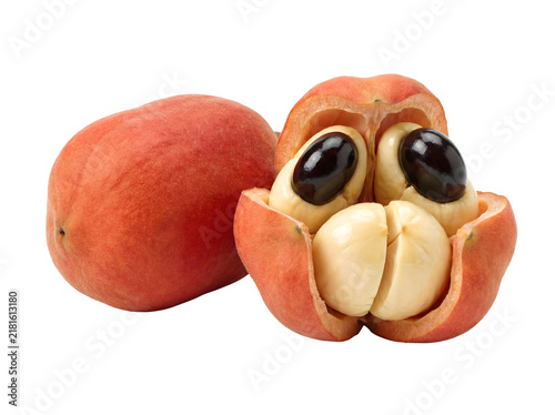Ackee fruit with open red pod and black seeds, tropical Jamaican ackee fruit showing cream colored arils and glossy seeds. Exotic Caribbean ackee fruit for culinary and botanical projects