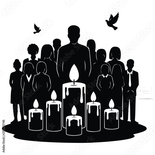 Bild auf Leinwand Candlelight vigil vector illustration with crowd of people holding lit candles in memory