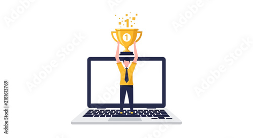 Businessman holding gold trophy standing on laptop - online success and digital achievement concept