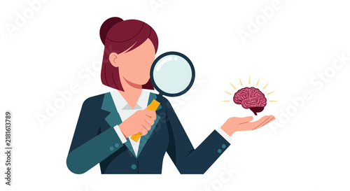 Professional Woman Analyzing Human Brain with Magnifying Glass - Mental Health, Neuroscience, and Cognitive Research Vector Illustration
