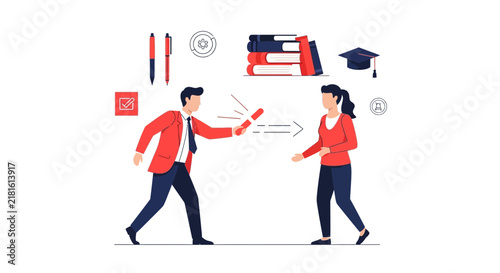 Knowledge Transfer and Mentorship Concept Illustration of Man Passing Baton to Woman with Education and Career Icons