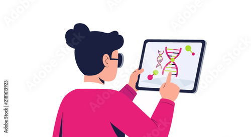 Scientist Analyzing DNA Double Helix on Digital Tablet Vector Illustration
