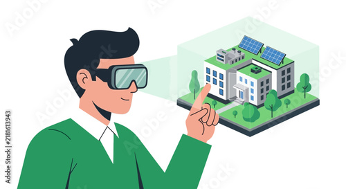 Architect using VR goggles to visualize sustainable green building project with solar panels and eco-friendly design in virtual reality.