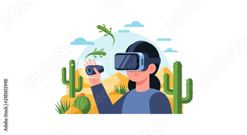 Virtual Reality Desert Exploration Illustration with a Person Wearing VR Goggles, Metaverse, Digital Nature Study and Educational Technology Concept