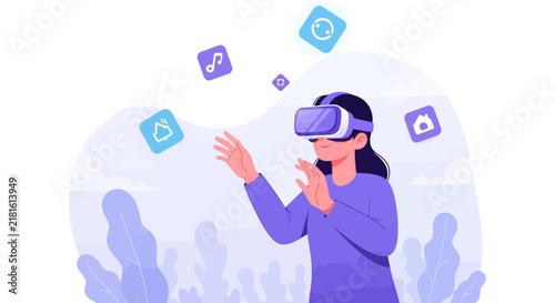Young Girl Wearing VR Headset Interacting with Digital App Icons, Virtual Reality Experience and Metaverse Concept Vector Illustration