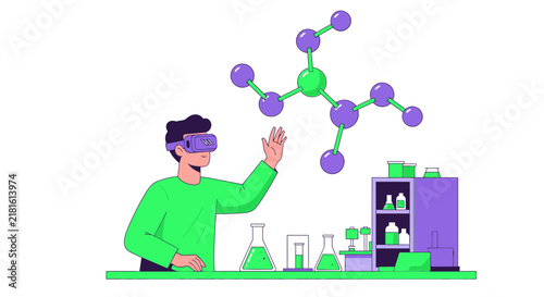 Man in Virtual Reality Headset Exploring Molecular Science and Biotechnology in Lab, VR Education and Chemistry Simulation Concept Vector Illustration