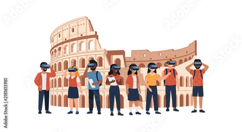 Virtual Reality Tourism Concept: Diverse People Exploring the Roman Colosseum with VR Headsets Isolated on White Background