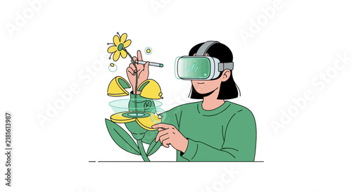 Young Woman in VR Headset Designing Virtual 3D Flower Illustration - Technology and Education Concept