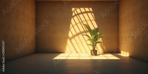 A Minimalist Room Interior With a Single Plant Standing in the Light of a Sunlit Window With Bars