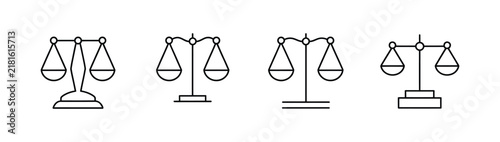 Scale libra icon collection featuring justice scales, law judgment, punishment, equality, legal decisions, and courtroom symbolism in vector design