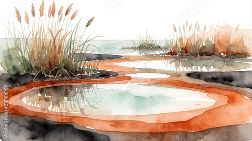 Serene Wetland Scene with Reeds and Watercolor Splash Effect