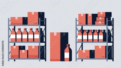 Modern Storage Shelves Filled with Boxes and Bottles in Warehouse Setting