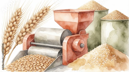 Artistic watercolor illustration of wheat grains and grain mill with harvest spikes