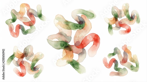 Colorful Curled Ribbon Shreds in Red Green and Beige Watercolor Style