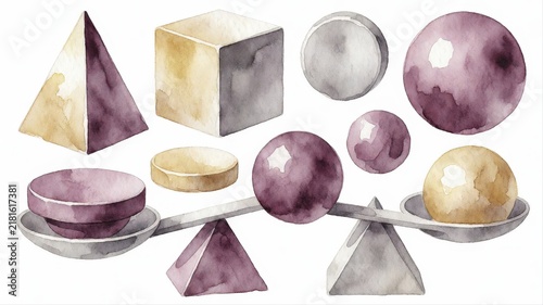 Artistic watercolor painting of geometric shapes including sphere, cube, pyramid, and cylinder arrangement