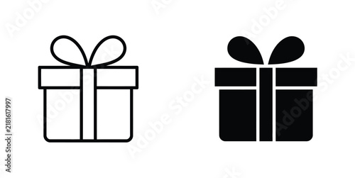 Gift box icon set featuring surprise presents, wrapped packages, ribbons, bows, celebration symbols, and festive vector illustrations for special occasions