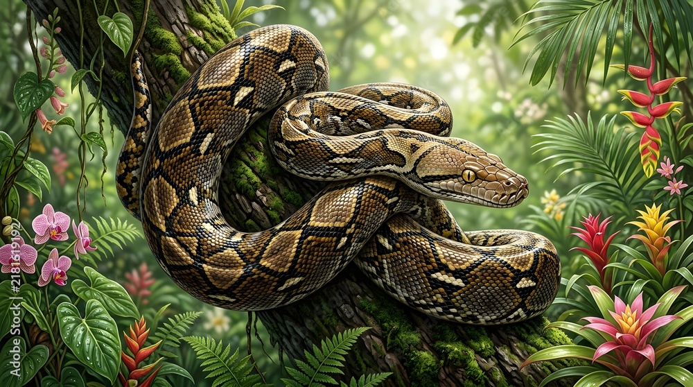 Fototapeta premium Large Reticulated Python coiled on mossy tree branch in tropical rainforest with exotic flowers