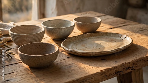 Rustic Ceramic Bowls and Serving Platter in Warm Sunlight