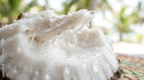 Macro Close-Up of Fresh Coconut Meat with Pure Water Droplets and Tropical Background