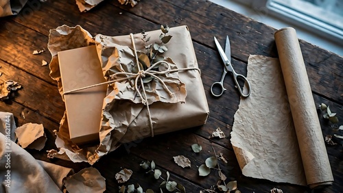 Kraft Paper Gift Wrapping With Twine and Scissors