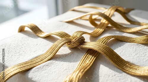 Macro detail of elegant gold braided ribbon knot on white textured surface background