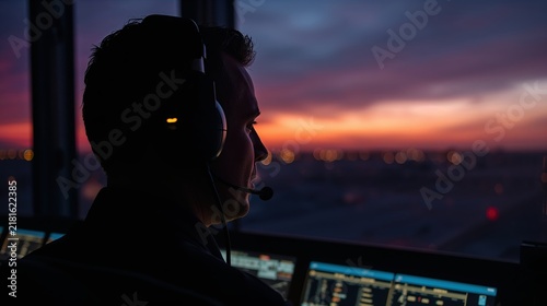 Silhouette of man air traffic controller with headset working at control tower monitors during sunset. Aviation safety and flight control concept. Night shift operations at airport control room.