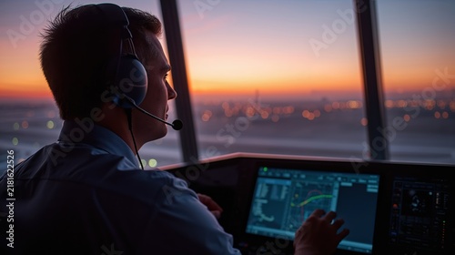 Air traffic controller working in airport control tower at sunset. Man in headset monitoring radar screens and flight navigation data. Aviation safety and air traffic management concept.