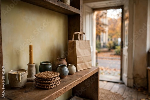 Handcrafted Ceramics and Candles on Rustic Wooden Shelf