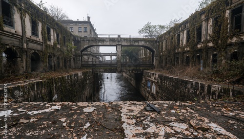 Dilapidated and overgrown canal and bridge with abandoned buildings on an overcast day