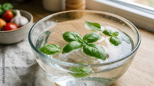 Fresh green basil leaves floating in crystal clear water bowl on bright kitchen table