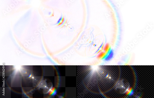 Lens flare overlay with rainbow light rings, bright sunburst glow, and spectral optical reflection circles on transparent background for cinematic photo editing and creative VFX