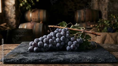Freshly picked dark purple grapes on a slate board inside a rustic winery with wooden wine barrels