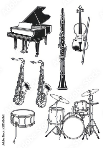 Collection of musical instruments including piano, violin, clarinet, saxophones, and drum set illustrations.
