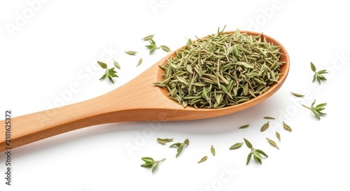 Wooden spoon filled with dried thyme spice on a white background with scattered leaves.