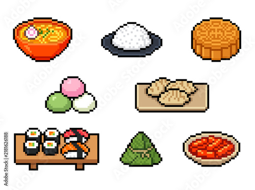 Принти на полотні Pixel Asian food set of ramen, sushi rice and zongzi or pot sticker dumpling and mochi