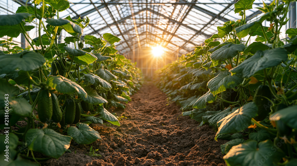 Fototapeta premium Elegant photo of Rows of fresh green cucumbers grow inside a sunlit greenhouse. Sustainable agriculture and local organic food production concept.