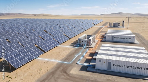 Utility scale solar farm with BESS storage containers and energy flow diagram photo, solar panel array with power inverter substation grid stability unit and transmission lines, and green energy.
