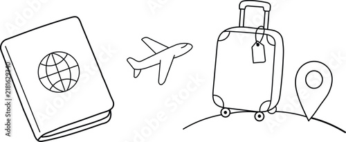 Obraz na plátne Travel essentials including a passport an airplane a suitcase and a location pin
