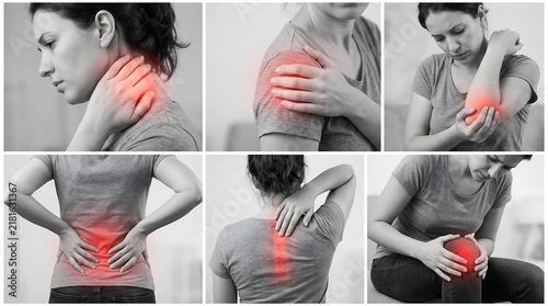 Chronic joint pain collage, woman suffering from muscle ache and inflammation, red glowing pain spots on black and white body parts