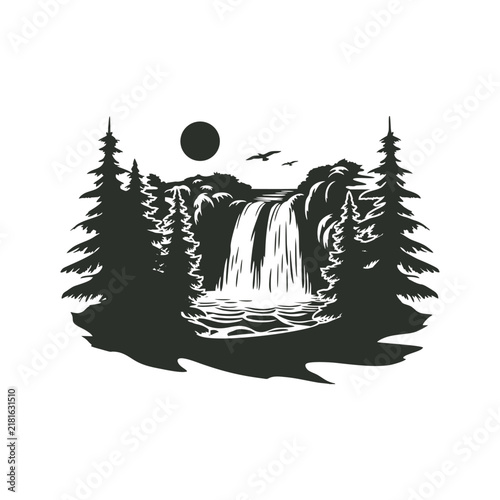 Beautiful vintage waterfall in the forest landscape illustration