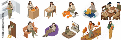 Isometric Illustration Set of Young Woman Engaging in Autumn Activities, Thanksgiving Volunteering, and Cozy Seasonal Lifestyle Habits
