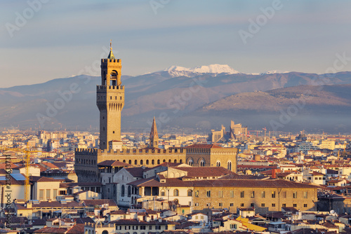Palazzo Vecchio dominates the Florence skyline at early morning