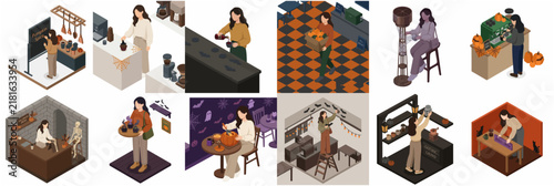 Set of Isometric Halloween Coffee Shop Illustrations Featuring a Woman Decorating and Preparing Spooky Seasonal Drinks and Decor